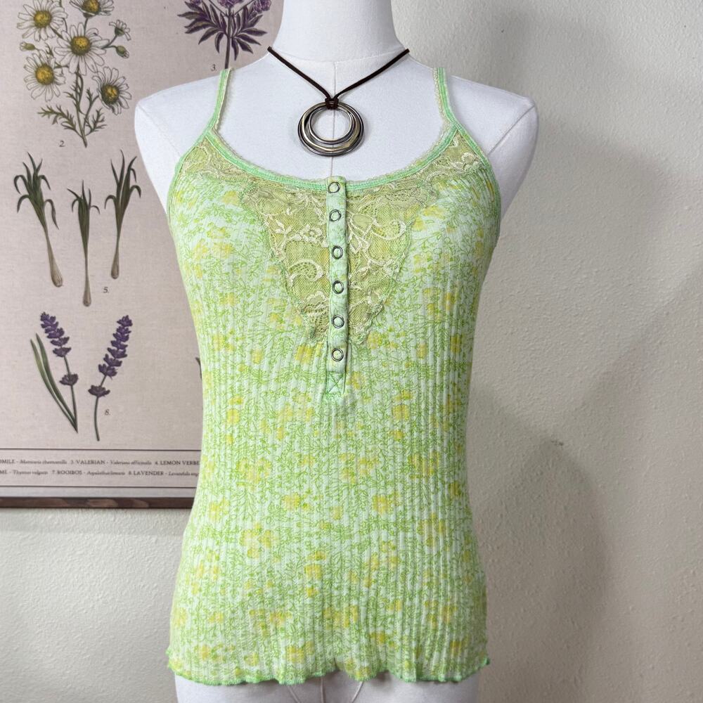 Y2k Free People Floral Lace Ribbed Cami Top Cottage Fairy Grunge Forest Boho L